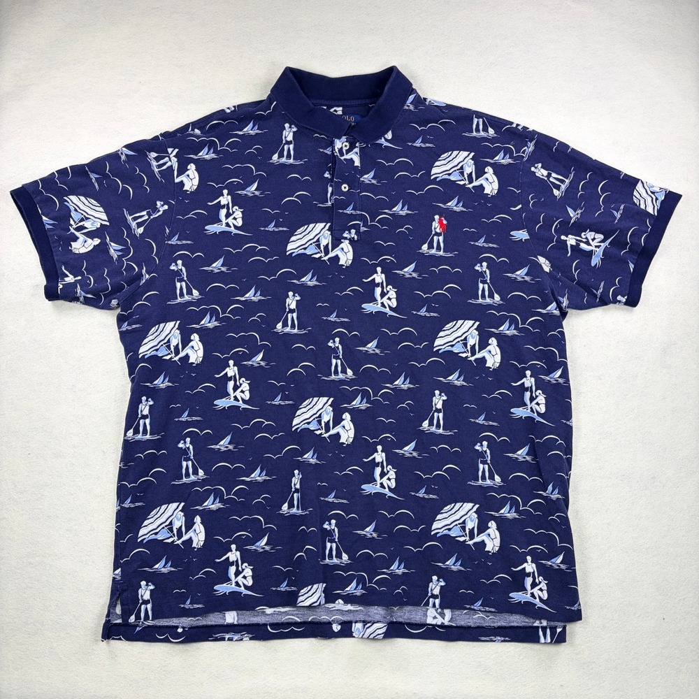Polo Ralph Lauren Mens 3XB Navy Blue Nautical Beach Scene Pique Polo Shirt